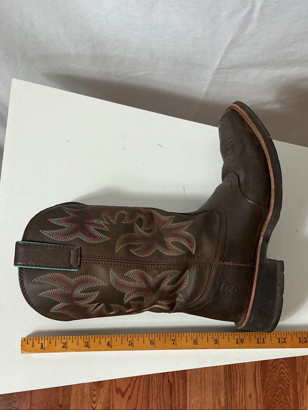 Ariat Brown Leather Western Boots with Turquoise Trim and Red Lining - Picture 11 of 12